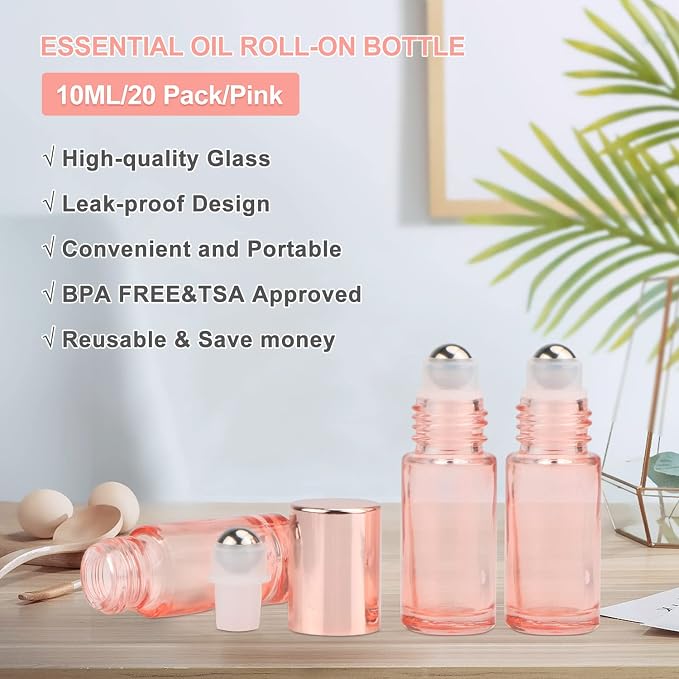1/6 oz Pink Essential Oil Roller Bottle,20 Pcs Empty Glass Roll-On Vial with Stainless Steel Roller Ball,Rose Gold Lid,Portable Sample Container for Oils-Opener&Dropper Included