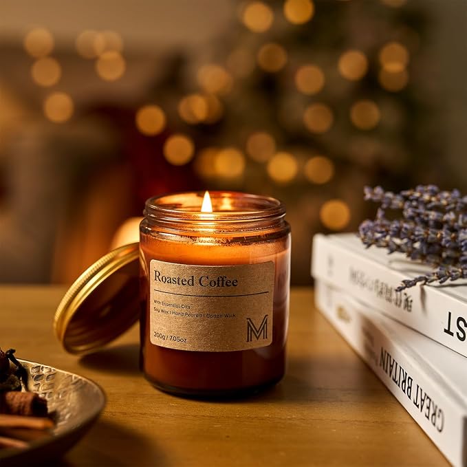 M&SENSE Roasted Coffee Scented Small Candle, 7.5Oz Aromatherapy Candle for Home Fragrance, Soy Wax Candles Gift for Birthday, Housewarming, Amber Jar Candle for Stress Relief, Meditation, Yoga