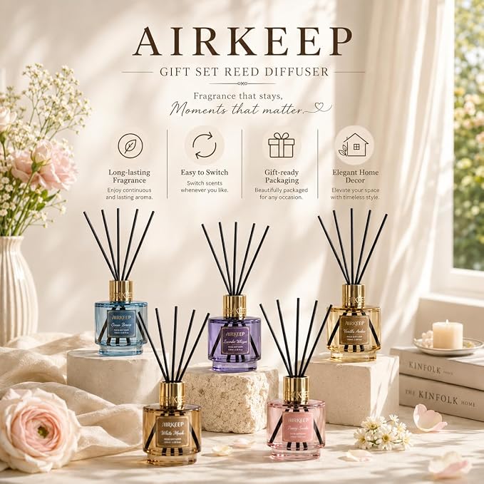 Airkeep Reed Diffuser Set with Refill & 8 Reed Sticks, 6.96 fl oz Lavender Whisper Home Fragrance, Long Lasting Aromatherapy Diffuser for Bedroom, Bathroom & Living Room