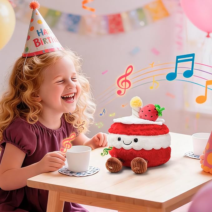WEWILL Light up Birthday Cake Plush Toy Musical Cute Cake Pillow Stuffed Animals with Legs Strawberry Funny Plushie for Girls,Kids,Boys,8"