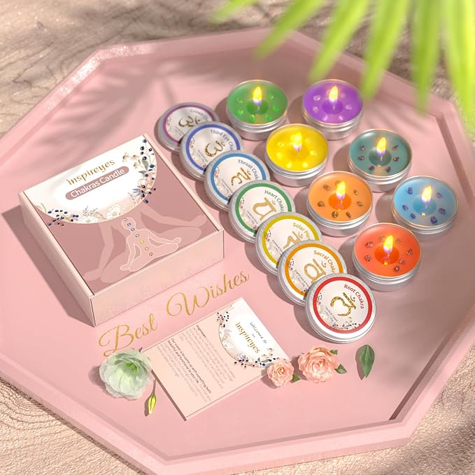 Inspireyes Chakra Candles Set of 7,Meditation Crystal Scented Candles Gift Set for Women, Spiritual Healing Candles for Promotes Positive Energy, Yoga, Cleansing, Manifesting, Relaxation