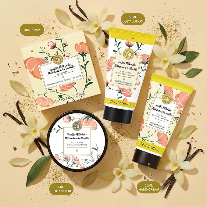 BODY & EARTH # LOVE Hand Cream Gifts Set for Women, 4PCS Vanilla Spa Gifts with Hand Cream, Body Lotion, Body Scrub, Soap, Bath and Body Gift Sets for Women Birthday Gift for Her