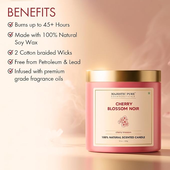 Majestic Pure Candle Cherry Blossom, Natural Scented, 10oz | Large Jar, 45+ Hours Burn Time, Giftable