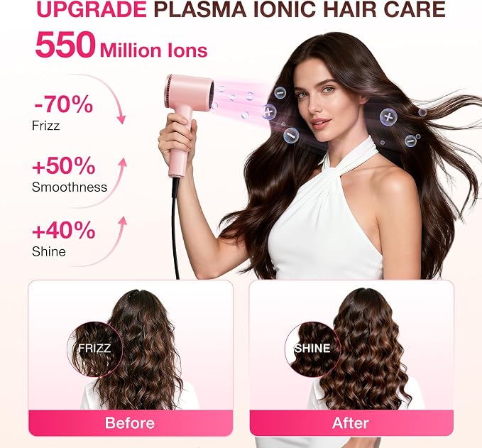 BABONIR Hair Dryer, 110,000 RPM High-Speed Brushless Motor for Fast Drying, 1875W Plasma Blow Dryer with Comb, Diffuser & Concentrator, 550 Million Ionic Hairdryer, Low Noise, for Travel, Salon, Pink