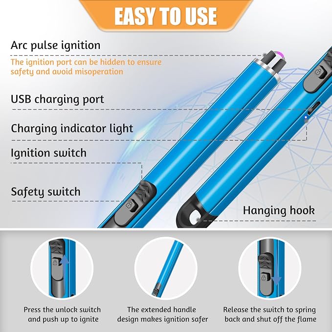 2 Pack Electric Candle Lighters, USB Rechargeable Lighter with Windproof Flameless & Extended Handle, Suitable for Candles, BBQ, Camping, Gas Stove, Festivals Gift (Blue, 2 Packs-B)