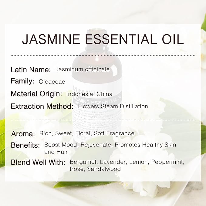 Jasmine Essential Oil 100ML, 100% Pure Natural Jasmine Oils Premium Grade Aromatherapy Oil for Face Skin Body Care, Diffuser, Massage, Home, Soap and Candle Making