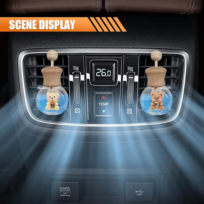 2PCS Car Diffuser Bottle with Vent Clip, Refillable Empty Glass Bottles for Essential Oil, Cute Bear Car Air Outlet Trim Clips, Auto Interior Decoration Accessory for Cars Bedroom Office (Bear)