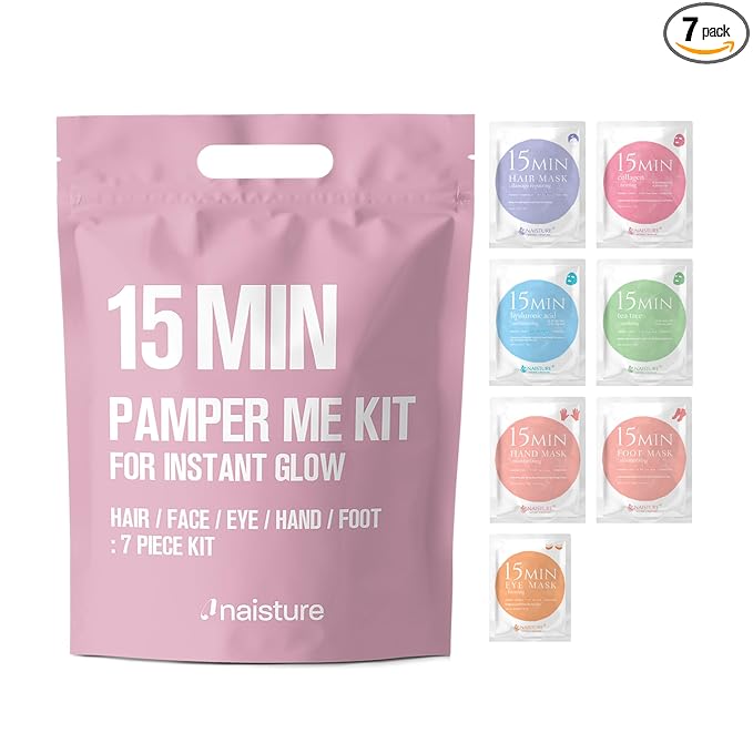 Naisture 15 Min Pamper Me Kit Korean Spa Skincare Gift Set for Women-Head to Toe with Hair, Face, Eye, Hand, & Foot Masks (7 pcs)