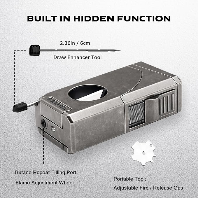 6-in-1 Triple Jet Butane Torch Lighter Built-in V & Straight Cutter, Punch, Holder, Draw Enhancer, Refillable Lighters and Windproof Gas Lighter for Candles, Cool Lighter for Men (No Gas)