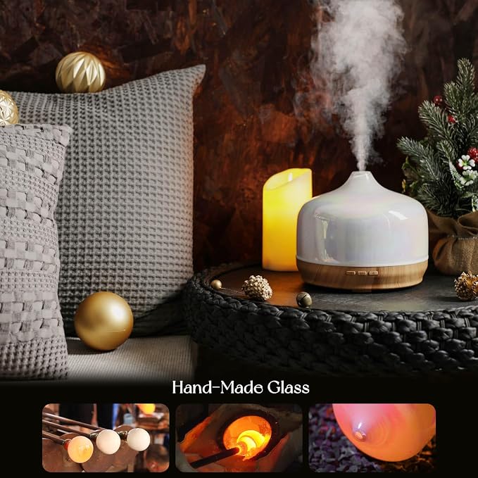Porseme 500ml Glass Essential Oil Diffuser Aromatherapy Ultrasonic Cool Mist Humidifier 15-21 Running Hours Waterless Auto-Off Air Diffusers for Sleeping Yoga Working Spa(White Jade)