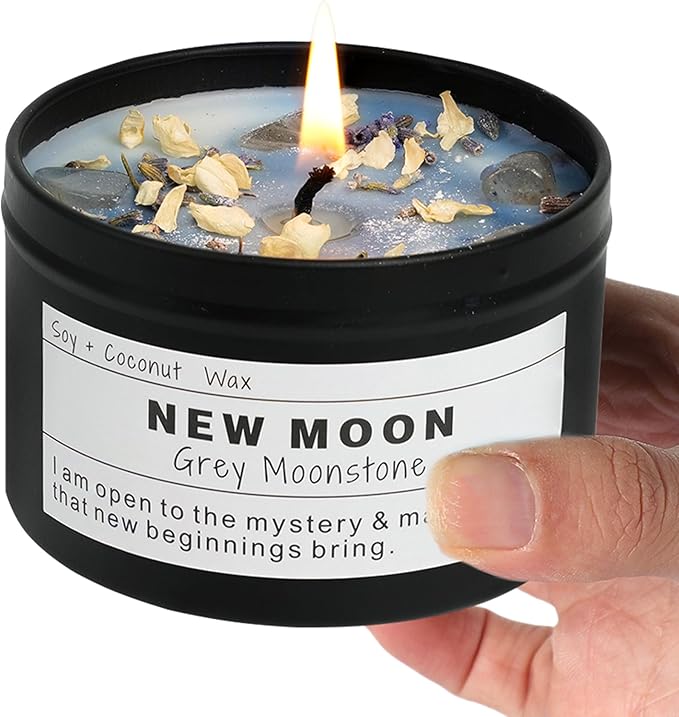 NEW Moon Handmade Candle, New Beginnings, Ritual Energy Gift, Intention De-Stress Good Fortune, Success Protection, Meditation, Moonstone, Soy Wax (8oz)