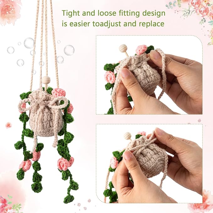 DaisyInner Cute Crochet Plant Car Freshener 12ml Empty Refillable Diffuser Bottle with Plants Hanging Accessories for Ornaments Charms Rearview Mirror Home Office Decor Women Gifts(Flower)
