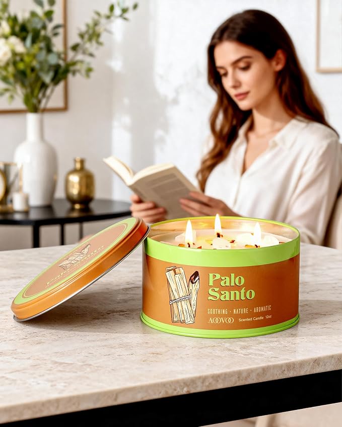 AOOVOO Palo Santo Candle for Meditation & Cleansing - 3 Wick 12oz Scented Candle with White Crystals & Palo Santo Inside, Non-Toxic Soy Candle for Spiritual Healing, Aromatherapy Gift for Women & Men