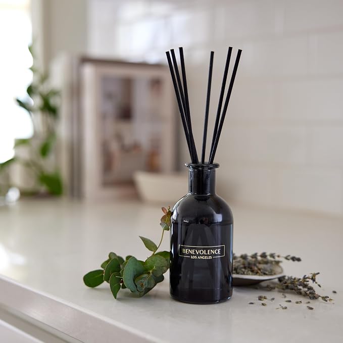 Benevolence LA Premium Lavender & Eucalyptus Reed Diffuser Set – Essential Oil Diffuser for Home & Bathroom – Up to 120-Day Fragrance with Rattan Sticks & Gift Box – Charcoal Glass Room Décor