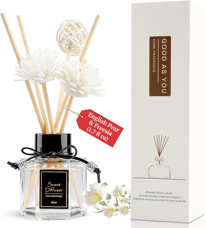 English Pear & Freesia Reed Diffuser 1.7 fl oz, Fruity Floral Home Fragrance, Plant-Based Non-Toxic Essential Oil with 6 Scent Sticks, Long-Lasting Air Freshener for Bathroom & Living Room