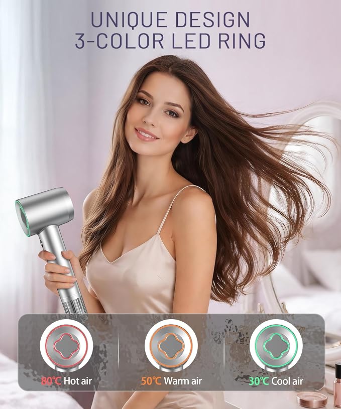 Cosy Companions High-Speed Ionic Hair Dryer, 150000 RPM Brushless Motor for 2-5Min Fast Drying, Low Noise Blow Dryer Reduces Frizz & Heat Damage, Lightweight Hair Dryer with Diffuser & Nozzle, Silvery