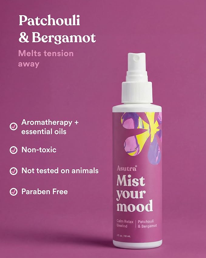ASUTRA Multi-Use Essential Oil Aromatherapy Spray (Patchouli & Bergamot), 4 fl oz – Mist for Face, Body, Rooms & Linens – Car, Fabric, and Bathroom Freshener
