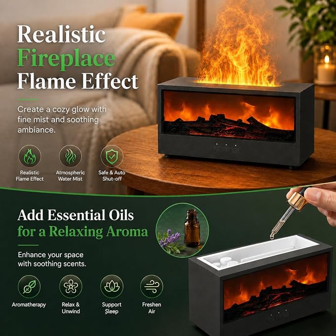 Fireplace Air Diffuser, Essential Oil Diffuser with 7-Color Flame Light, Ultrasonic Aroma Diffuser & Air Humidifier for Bedroom, Flame Diffuser with Remote Control Timer for Home Office Yoga(Black)