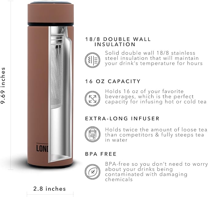 The London Sip 16.9 oz Multi-Purpose Tea Infuser Mug – Fruit Infuser Water Bottle for Hot and Cold – Double Wall Stainless Steel Insulated, Mocha Brown
