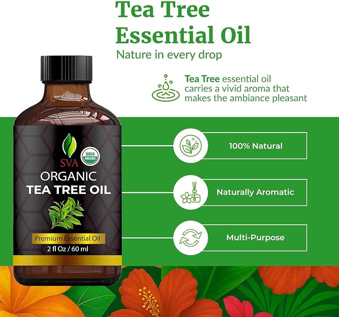 SVA Tea Tree Essential Oil Organic – 2 Fl Oz – 100% Natural Organic Tea Tree Oil - for Diffuser, Hair, Face, Skin Care, Aromatherapy, Scalp and Body Massage, Soap and Candle Making - with Dropper