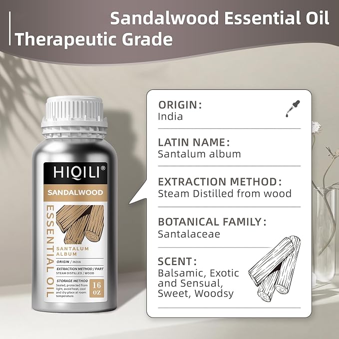 HIQILI Sandalwood Essential Oils, Long-Lasting Scent for Perfume, Diffuser, Soap Making & Candle- 16 Fl Oz