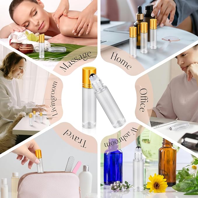 10ml Roller Bottles for Essential Oils, 4 Pack Glass Roll on Bottles, Refillable Perfume Bottle, with Stainless Steel Roller Balls, 2 Droppers, 1 Opener, Labels (Clear)