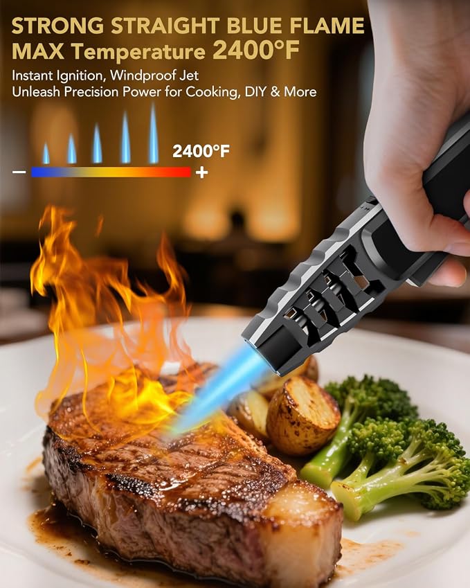 TBTeek Butane Torch Lighter 2 Pack, Adjustable Jet Flame Lighter, Refillable Blow Torch, Cooking Torch with Safety Lock for Kitchen, Baking, Candle, Camping, Black(Gas Not Included)