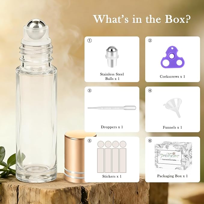 PrettyCare 4 Pack, 10 ml Essential Oil Roller Bottles with Stainless Steel Roller Ball - Refillable Leak-proof Empty Thick Clear Glass Roll on Bottles with Metal Caps for Travel, Perfume