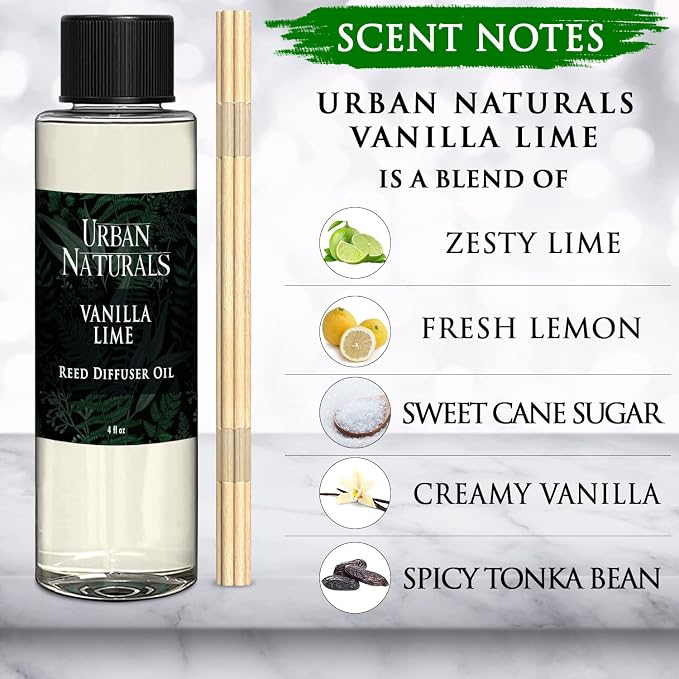Urban Naturals Reed Diffuser Oil Refill, Vanilla Lime Citrus Essential Oils with Cane Sugar, Lime, Vanilla, 4 oz + Free Reed Sticks, Made in the USA