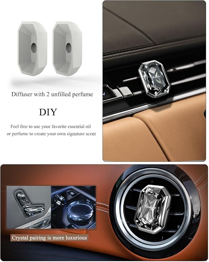 muekzru Car Air Freshener Diffuser,Essential Oil Diffusers Vent Clip,Advanced Crystal Automotive Parts，Contains 2 odorless container pieces,Metal and Crystal Design，First choice for gifts