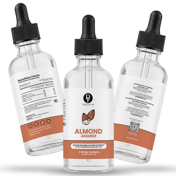 Dolce Flav Natural Almond Extract – 2 Ounce Water-Soluble Kosher, Sugar-Free, Concentrated Birthday Cake Flavor for Frosting, Cupcakes & Ice Cream, Includes Measured Dropper