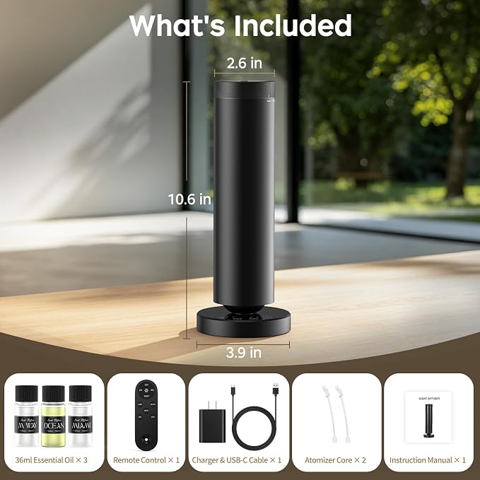 Waterless Scent Diffuser Kit with Lights -Max 2000 Sq Ft Coverage, Essential Oil Diffuser for Home,Hotels,Offices,Spas,Aromatherapy Diffuser Large Room, Included 108ml Scent Oils, Black, 10.6In