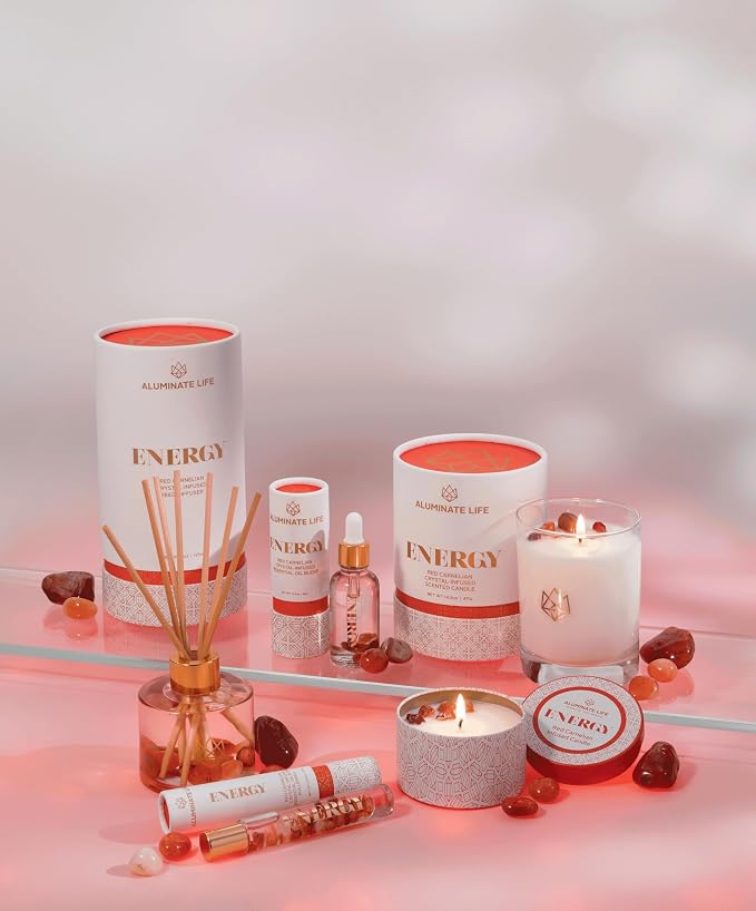 Luxury Candle Tin, 6 OZ, Energy - Red Carnelian Healing Crystal Infused - Scents of Lemon, Grapefruit, & Bergamot - Passion, Confidence, & Vitality - Coconut Wax, Essential Oil