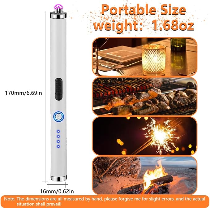 Electric Lighter Rechargeable Plasma Flameless USB Lighter with Safety Lock Dual Arc LED Display for Candle Grill Kitchen Camping (White)