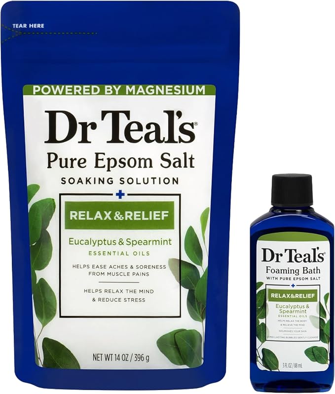 Dr Teal's Holiday Limited Edition Bath Gift Set | Epsom Salt Soak and Foaming Liquid, 14 oz Salt, 3 fl oz Bath (Eucalyptus)