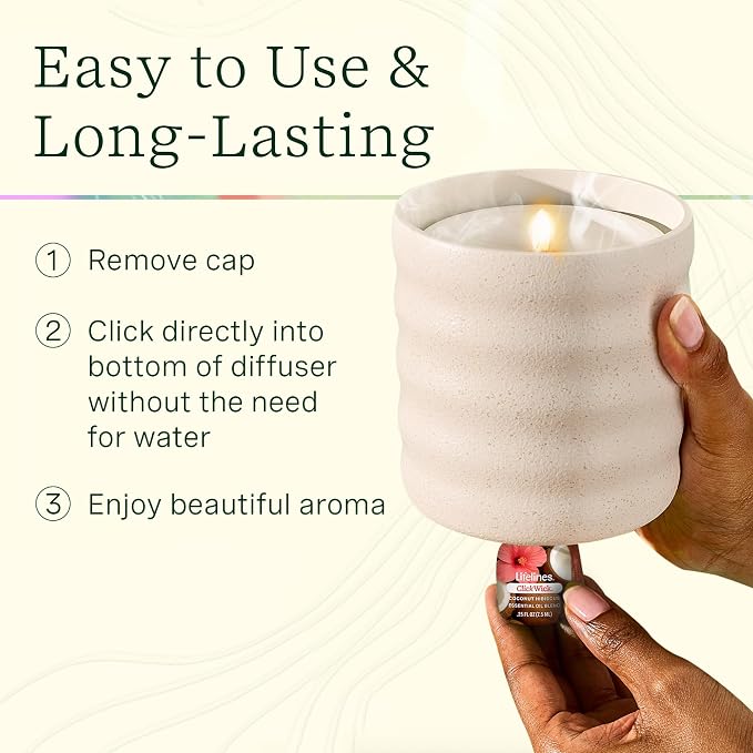 Lifelines Flameless Candle Aromatherapy Essential Oil Diffuser with 2 ClickWick Essential Oil Blends - Cordless & Waterless Diffuser for Home - Scented Electric Candles Blow Out Flame - Olive Jar