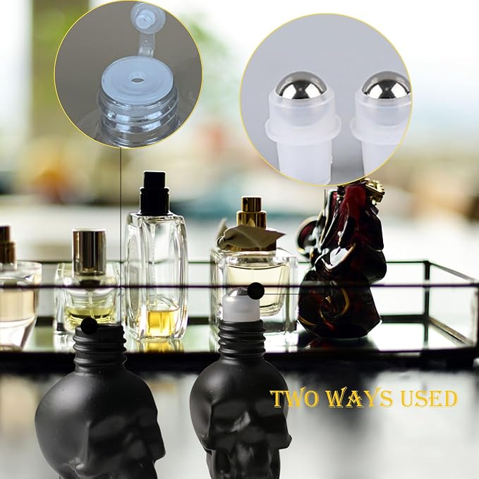 7 pcs Set 10ml Mini Skull Glass Oil Roller Bottles Leakproof Essential Oils Bottle for Storage and Travel (black)