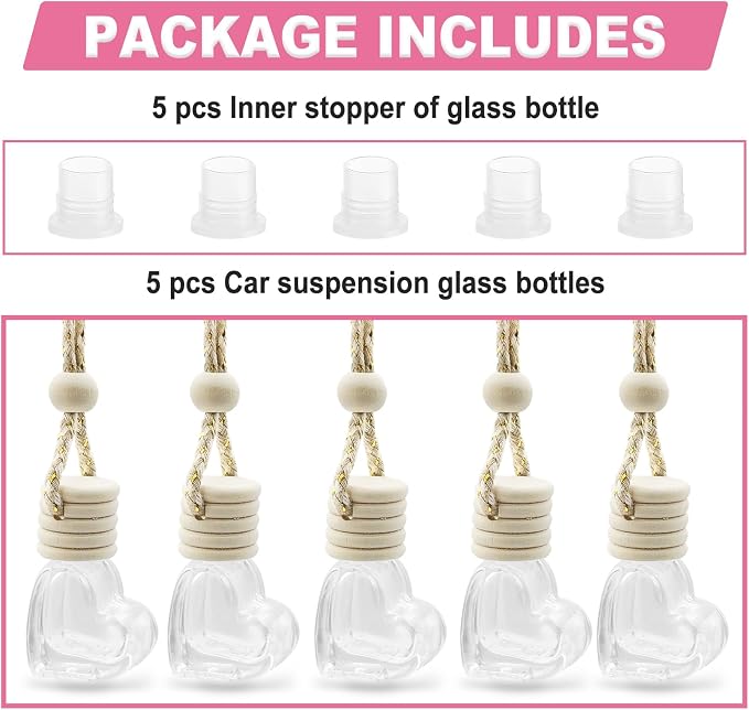 5 pcs Car Hanging Empty Glass Perfume Bottles Pendant Bottle, DIY Air Freshener Pendant, Empty Clear Glass Essential Diffuser Oil Aromatherapy, Glass Bottle Decor (Heart Shape)