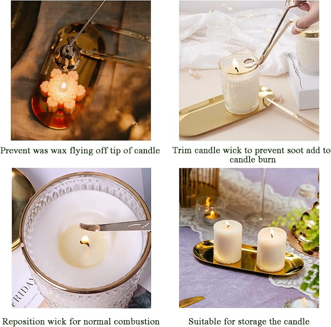 UCINNOVATE 4 in 1 Candle Accessory Set - Wick Trimmer, Snuffer, Dipper, Storage Tray for Candle Lovers, Holidays (Gold)