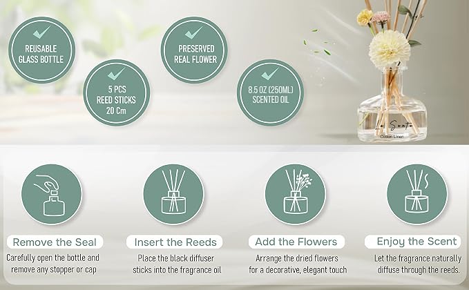 Reed Diffuser Set, Cotton Linen Scent, 8.5oz Glass Bottle with Decorative Flower & Natural Sticks - Flameless Home Fragrance for Bathroom, Bedroom, Office, Gifts