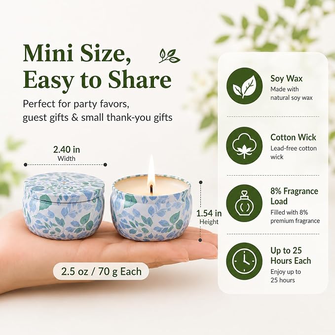 24 Pack Mini Scented Candles for Party Favors, 2.5 oz Soy Wax Tin Candle Gift Set, 6 Fresh Botanical Scents x 4 Each, Small Gifts for Bridal Shower, Baby Shower, Wedding Favors, Teachers