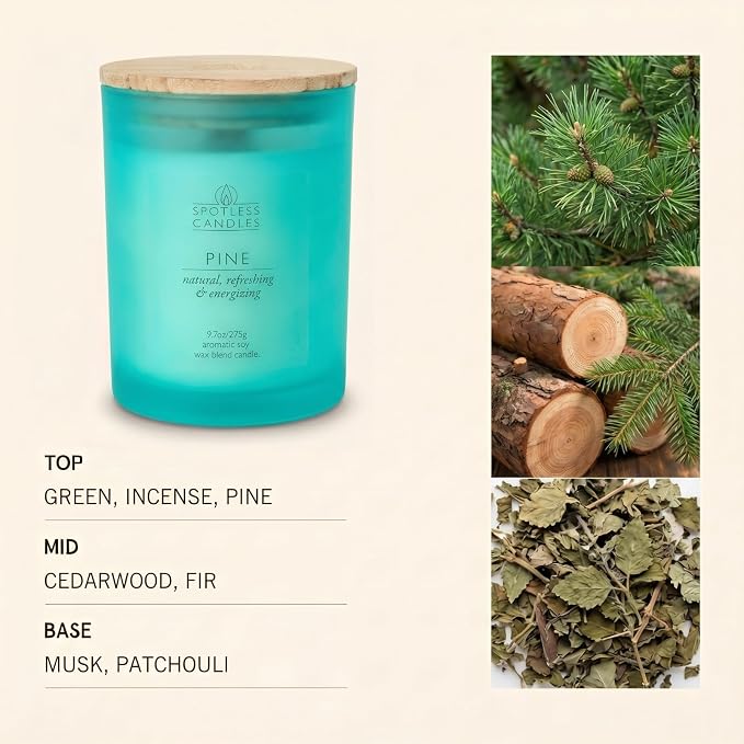 Pine Candle; 9.7 oz: 55 Hrs Burn Time, Soy Wax Teal Frosted Jar with Crackling Wooden Wick & Luxury Gift Box: Pine Scented Candle by Spotless Candles | Soy Wax, 55 Hrs Burn Time, Crackling Wooden Wick, Luxury Gift Box