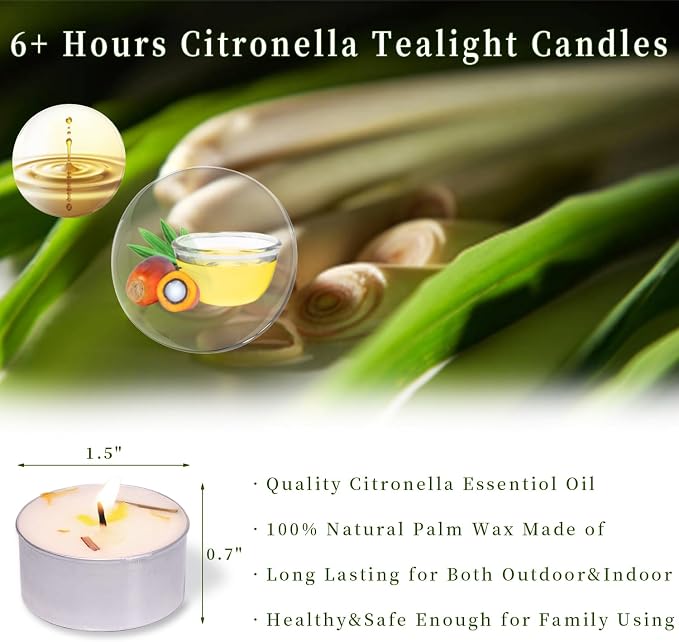 8 Pcs 6H Citronella Tealight Candles Indoor Outdoor, Decorative Scented Tealight Candles with 100% Palm Wax Base & Dried Lemongrass, Smokelss for Patio, Home, Outside Use