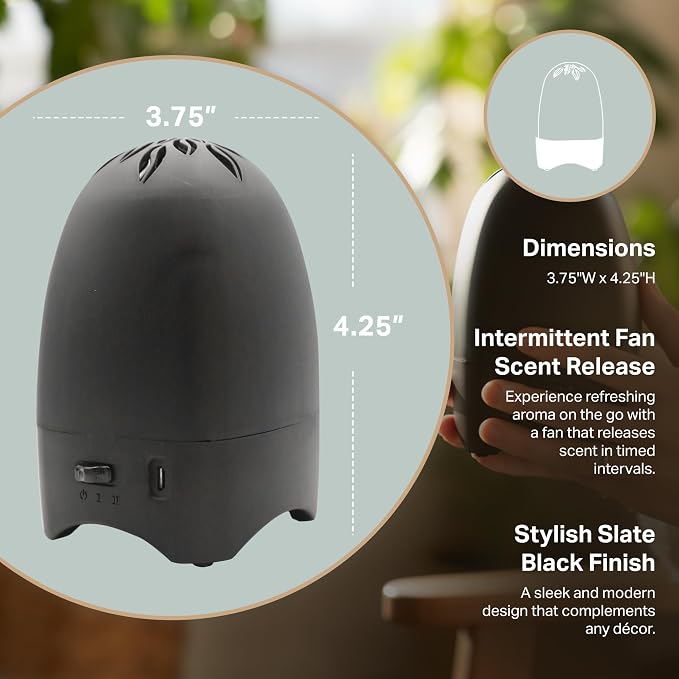 Belle Aroma Essential Breeze Max Aromatherapy Fan – Upgraded Dry Diffuser for Essential Oils or EVA Inserts – Battery or USB Powered – 30-Day Scent – No Water – for Desk, Travel, or Car - Slate