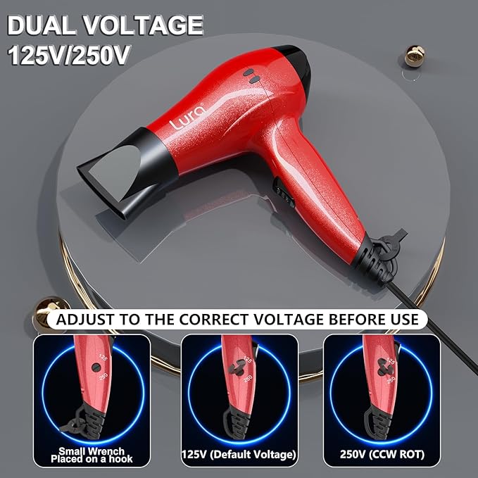 LURA Travel Hair Dryer with Diffuser,Small Dual Voltage Hair Dryers for Women,Mini Portable Blow Dryer for Men,Lightweight Compact Blow Dryer with European Plug（Red）