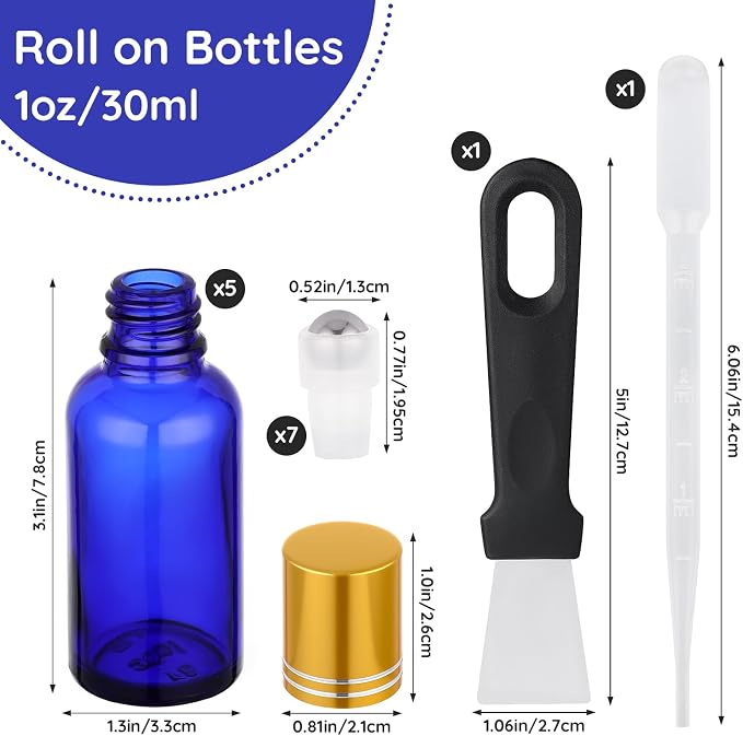 Segbeauty 1oz Thick Glass Roller Bottles for Travel Perfume, 5pcs Blue Empty Rollerball Bottles for Oil, 30ml Essential Oil Roller Ball Applicator Refillable, Travel Roll On Bottle for Eye Essence