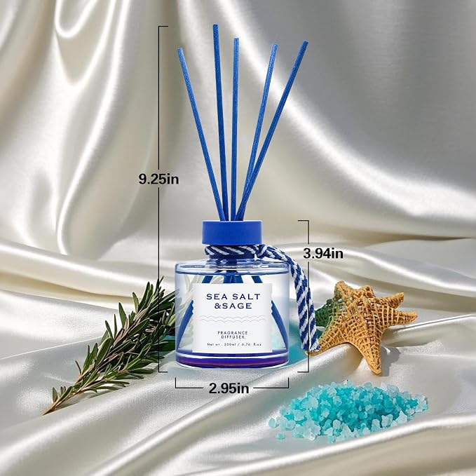 Sea Salt Reed Diffuser, 6.77OZ/200ML Large Capacity Natural Non-Toxic Oil, Long-Lasting Fragrance Reed Diffusers Set for Home and Bathroom, Aroma with 5 Reed Diffuser Sticks