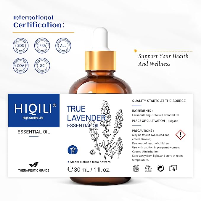HIQILI Lavender Essential Oil for Diffuser, Aromatherapy & Air Freshening, Ideal for Relaxing Tense Mood, Eliminating Odor, Creating Peaceful Atmosphere for Sleep, Bath & Work —30ml / 1.01 fl oz
