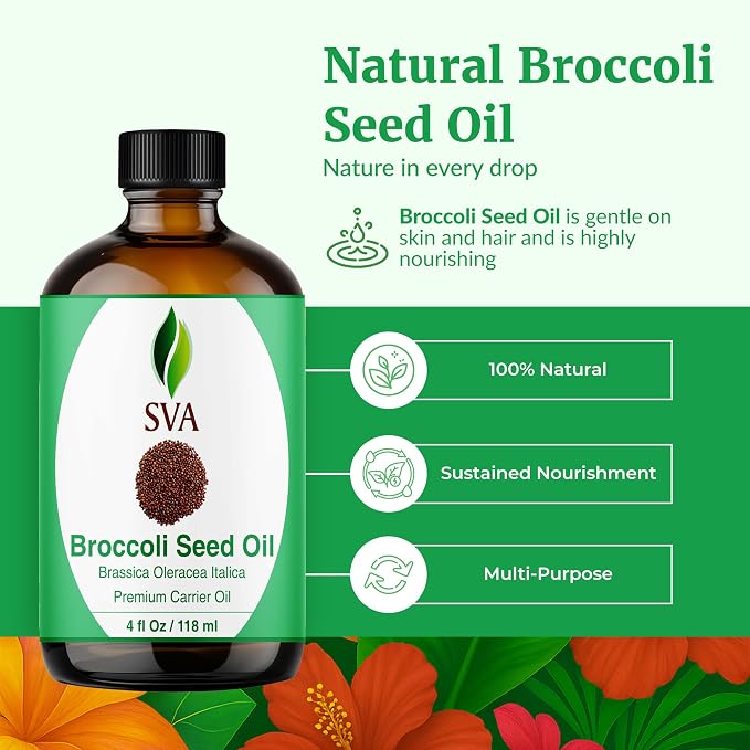 SVA Broccoli Seed Oil - 4 Fl Oz – 100% Natural Cold Pressed Broccoli Oil - for Face, Skin Care, Hair Care, Scalp Massage & Body Massage – Carrier Oil with Dropper