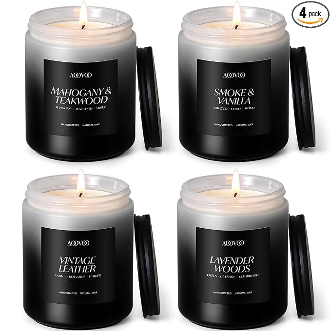 AOOVOO Scented Candles Set - 4 Pack Men Candles for Home Scented, 28 oz Soy Wax, 200 Hour Long Lasting Candle, Soy Candle Gifts Set for Men, Birthday, Valentine, Christmas, Anniversary Present